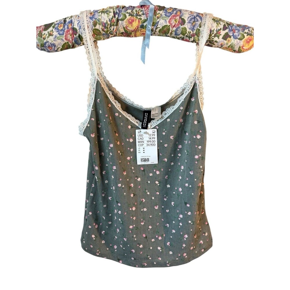 H&M Lace Pointelle Bow Cami Tank Top Medium Sage Green Floral Gardencore Boho
